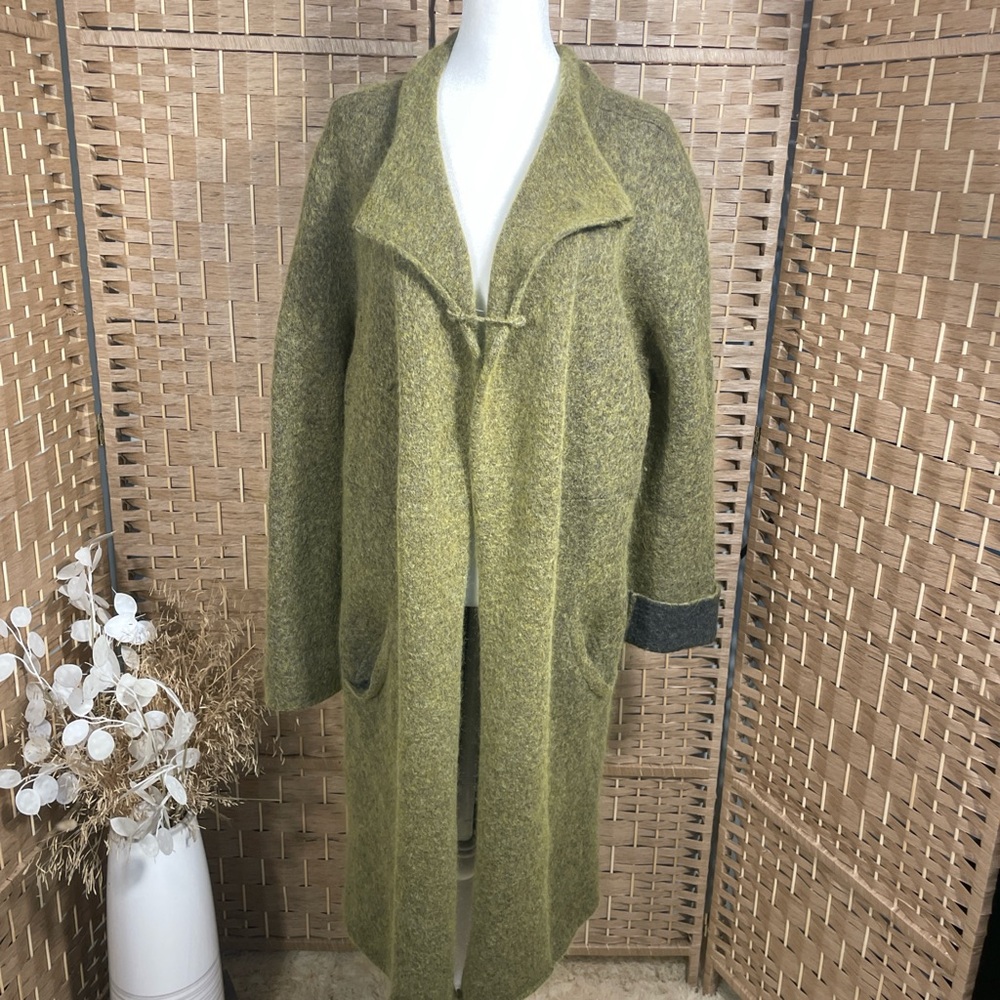 Olive Green Wool Long Open Cardigan Coat